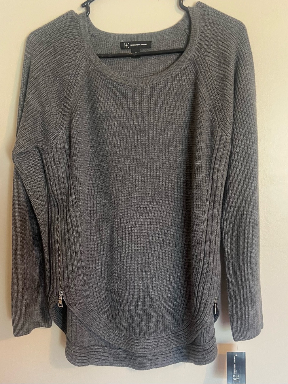 INC International Concepts Charcoal Gray Ribbed Zip-Hem Crewneck Sweater
